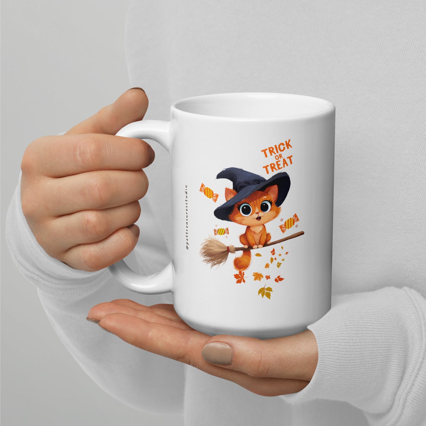 Trick or Treat Cat White Glossy Halloween Mug | Pet Treasures Studio