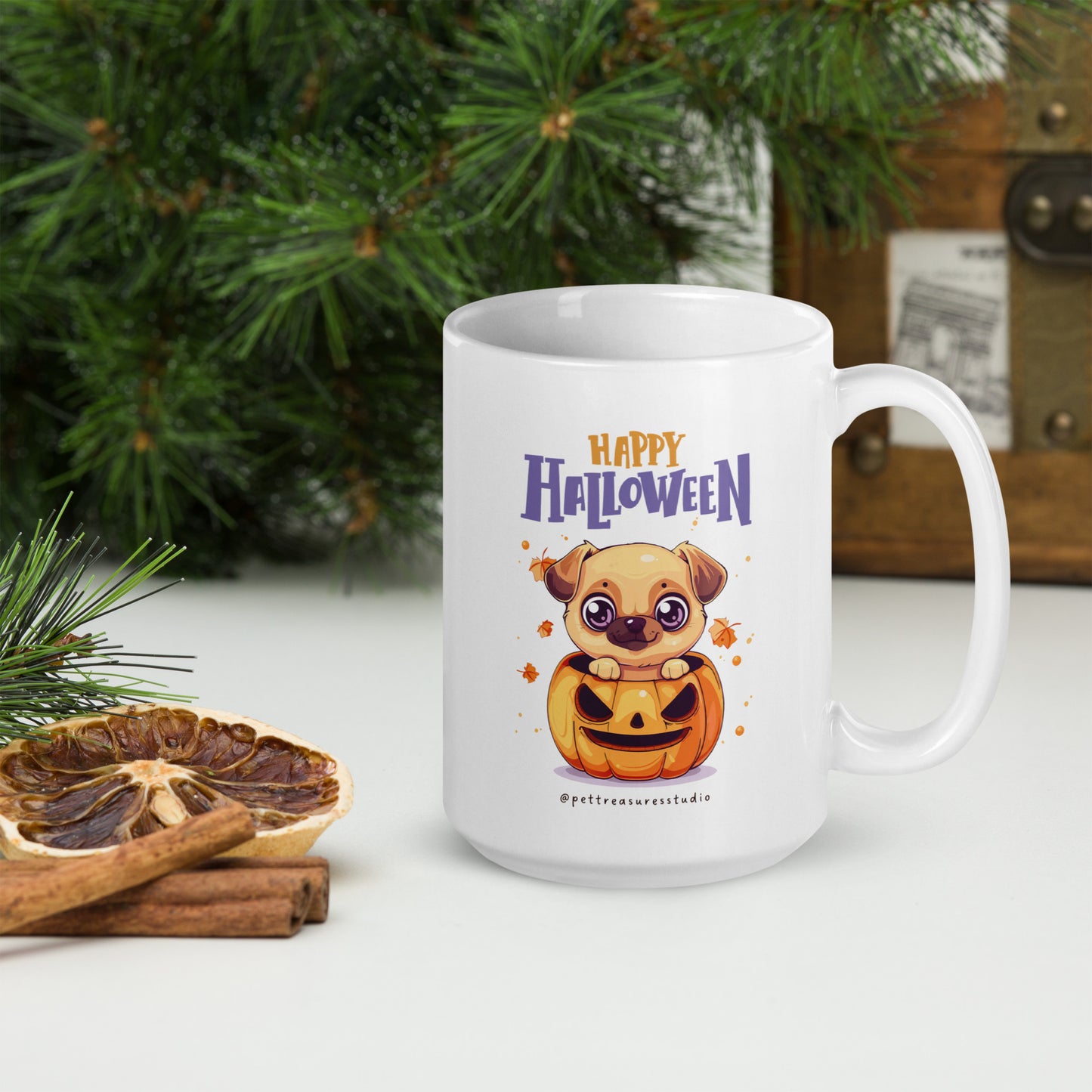 Happy Halloween Pumpkin Pug White Glossy Mug | Pet Treasures Studio