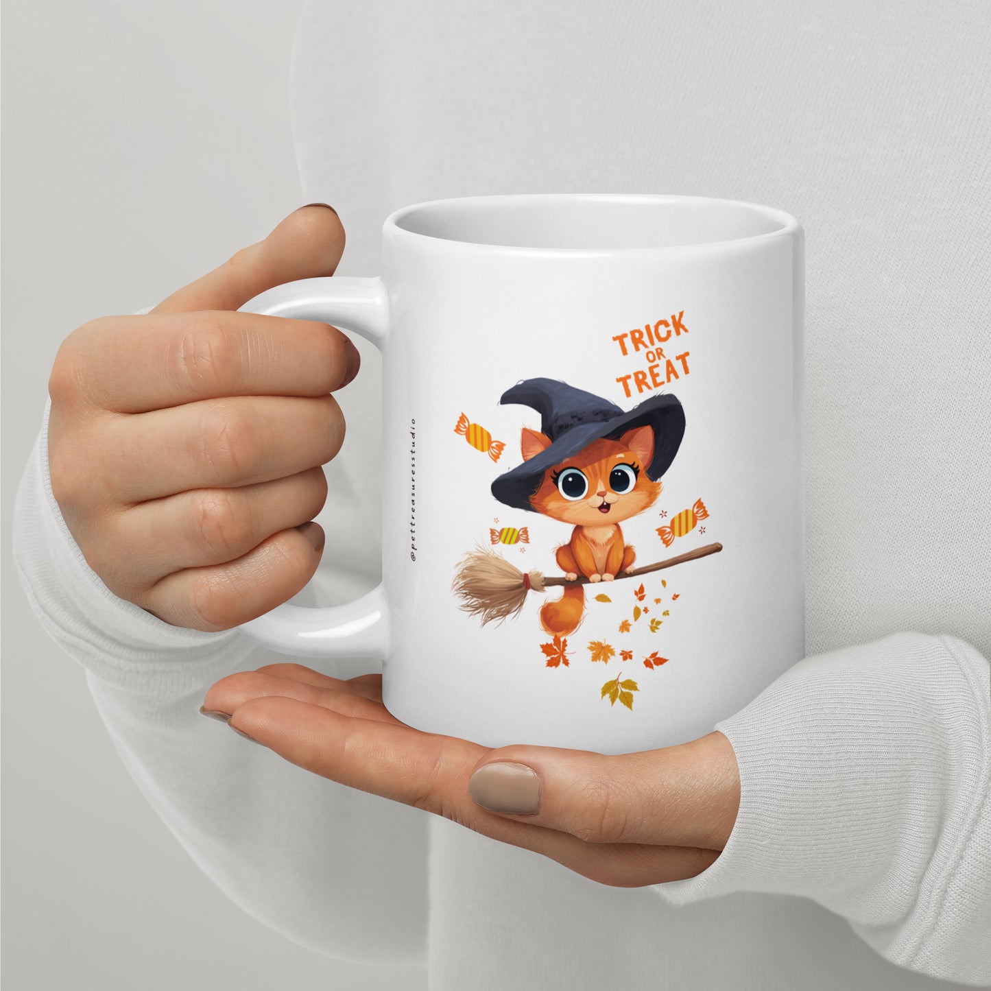 Trick or Treat Cat White Glossy Halloween Mug | Pet Treasures Studio