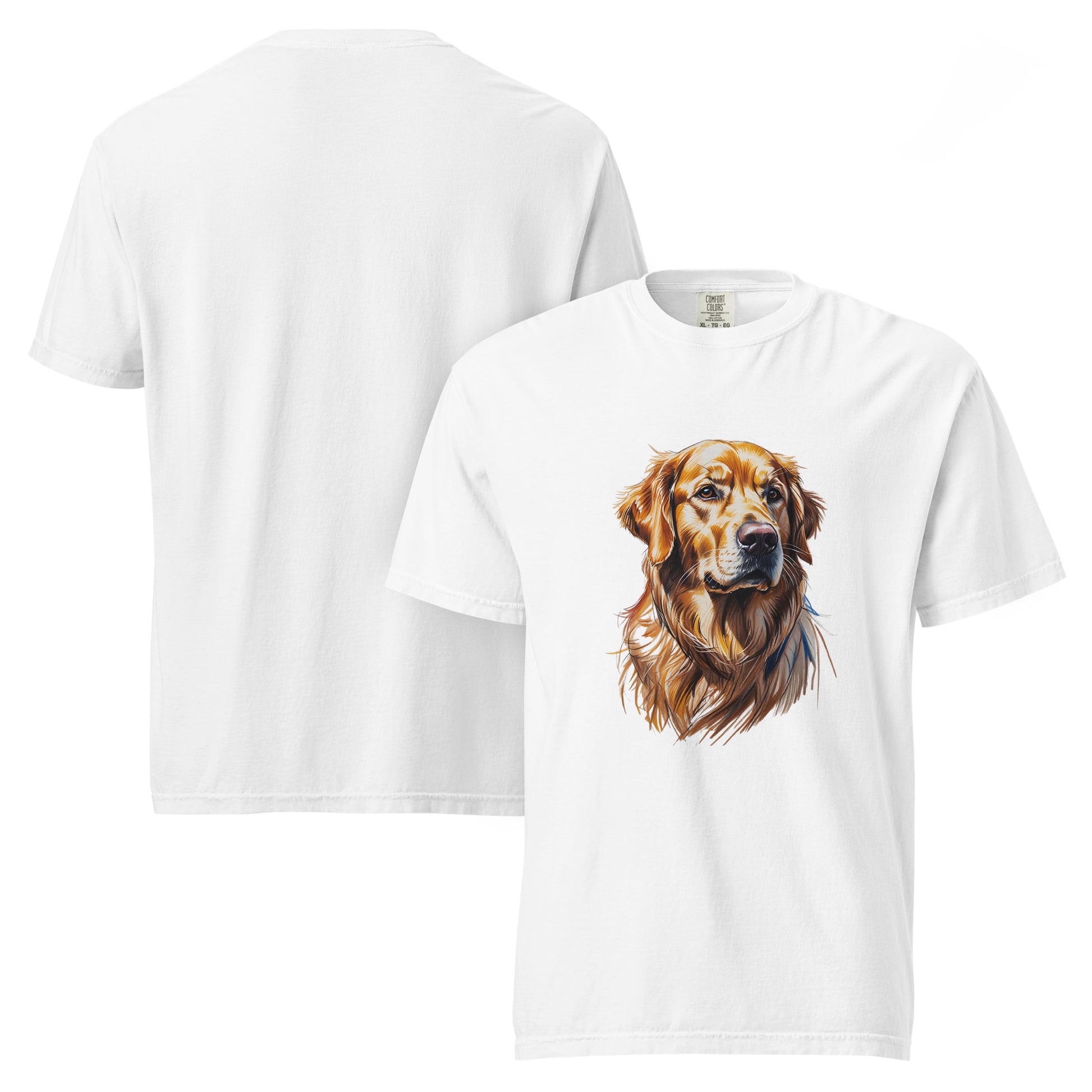 White Pet Treasures Studio golden retriever t-shirt featuring detailed dog illustration on front