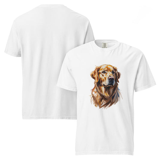 White Pet Treasures Studio golden retriever t-shirt featuring detailed dog illustration on front