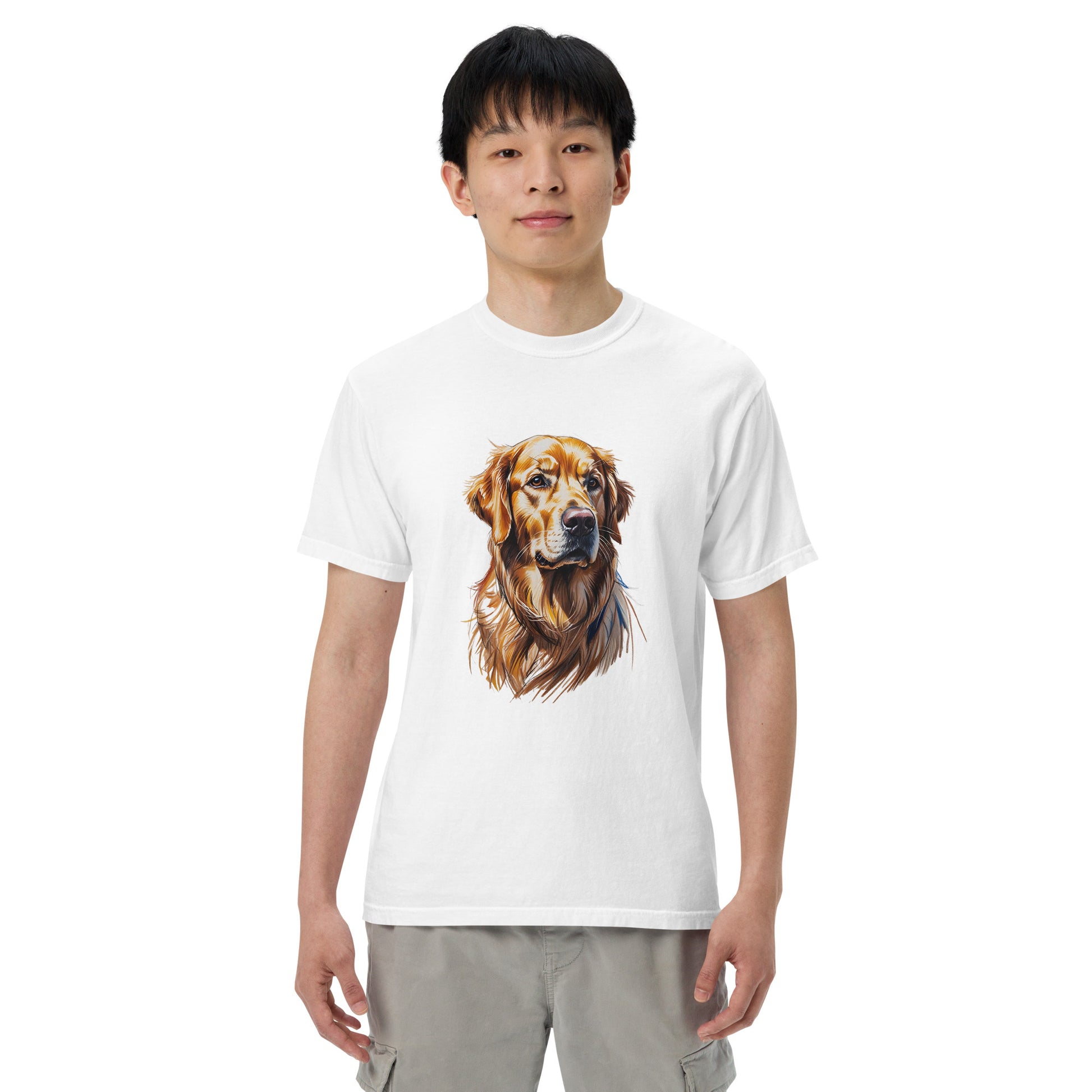 White golden retriever t-shirt with realistic dog portrait worn by male model