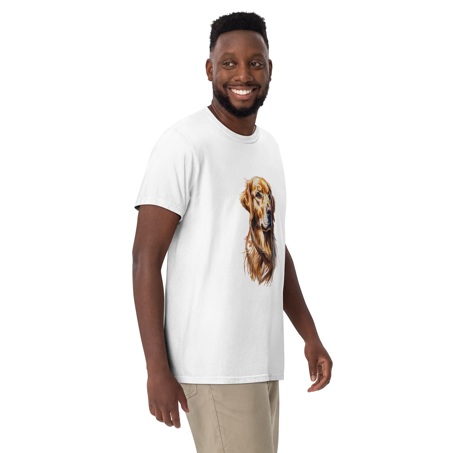 Man wearing a white golden retriever t-shirt with a realistic dog portrait design