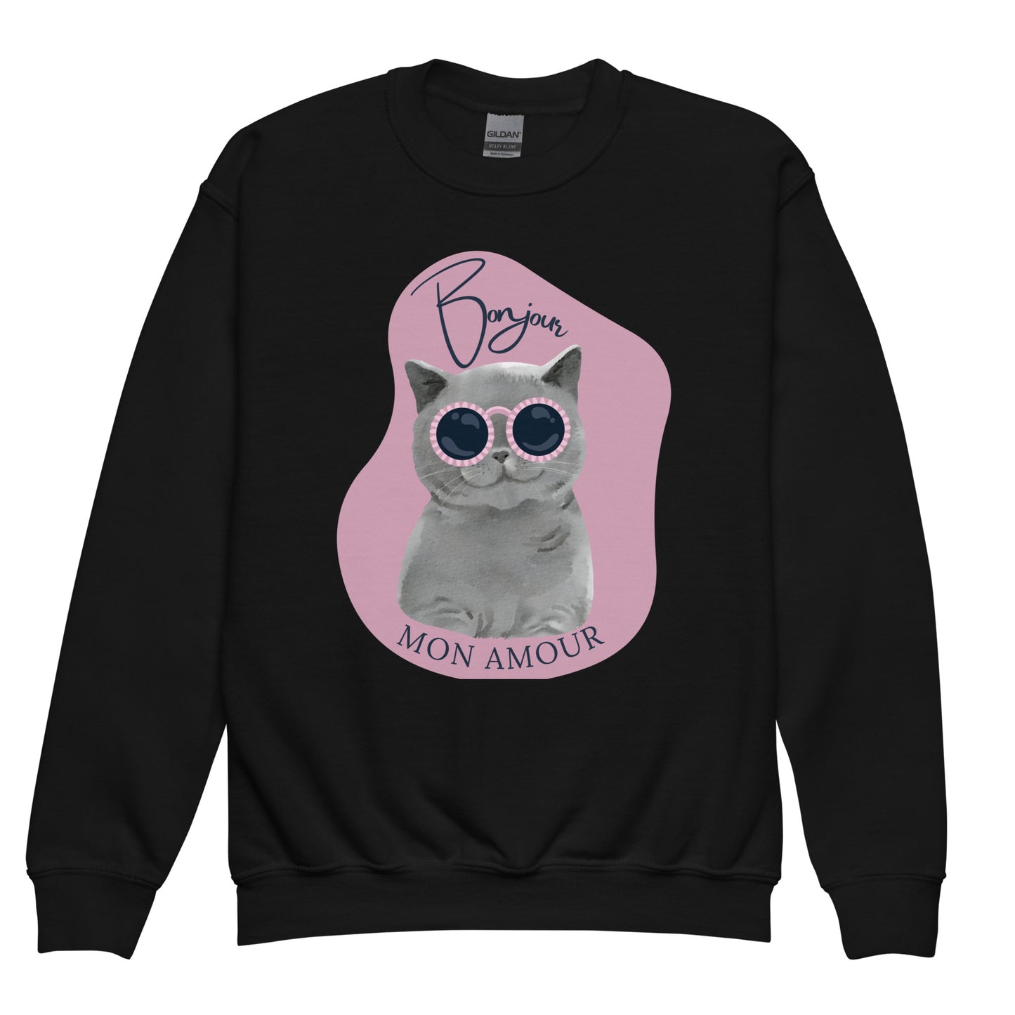 Bonjour Mon Amour crewneck for kids in black with cute cat design wearing sunglasses
