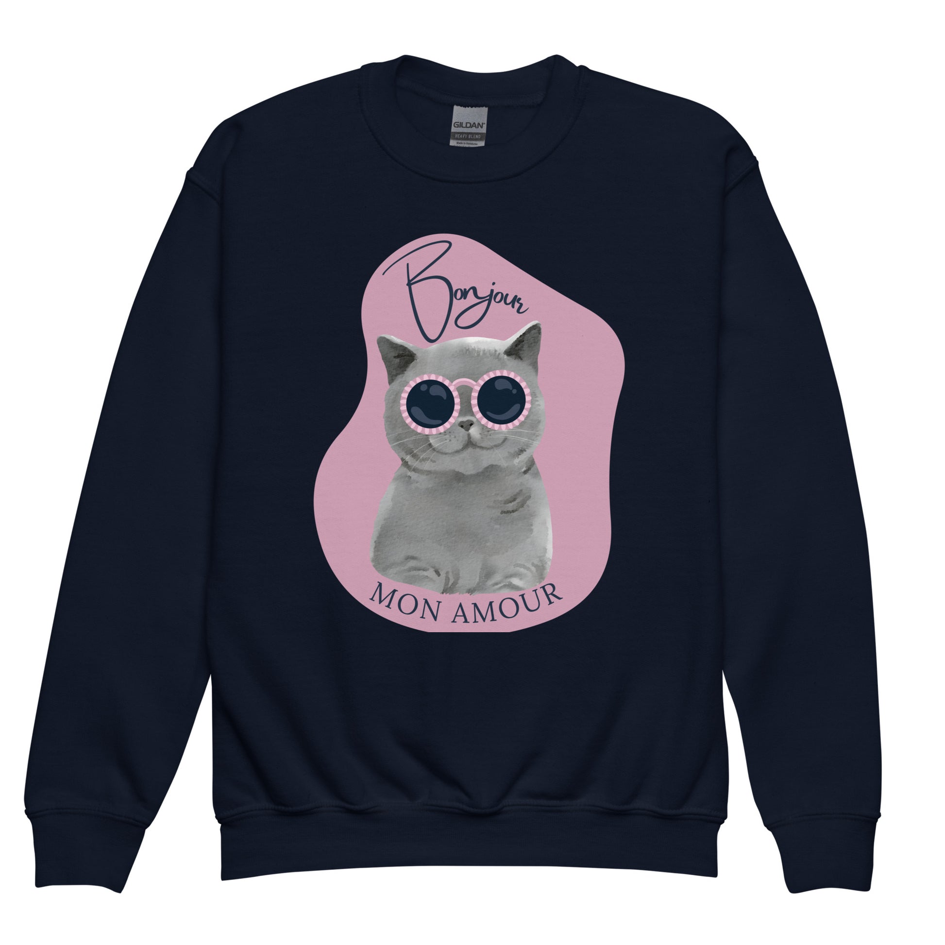 Bonjour Mon Amour crewneck for kids in navy with cat wearing pink sunglasses graphic